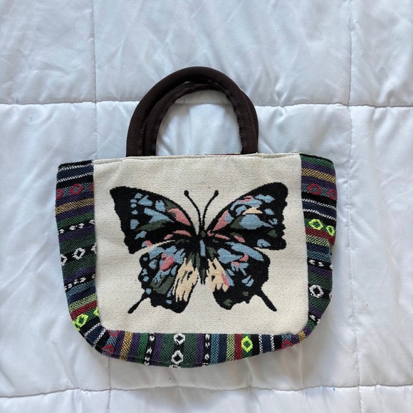 Handbags - Boho Butterfly Woven Tapestry Tote Bag Small Zippered Handbag Striped Hippie Y2K